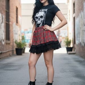 Hot Topic Red and Black Plaid Mini Skirt with Lace